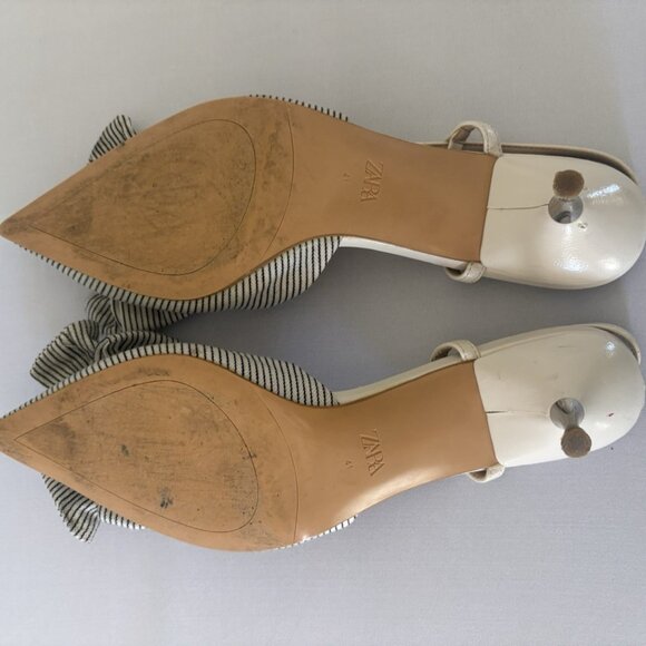 ZARA Slingback Striped Bow Pointed Toe Heels Ivory Fabric - Picture 7 of 8